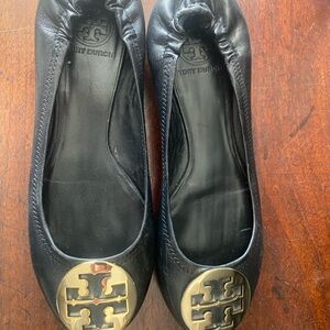 Tory Burch Black Flats with Gold Emblem